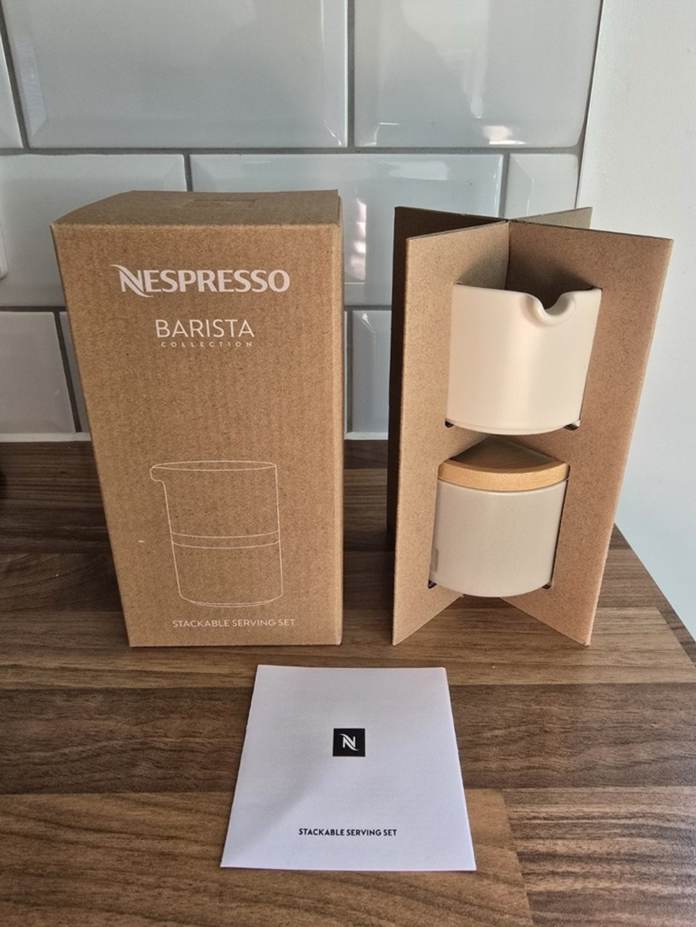 Nespresso Stackable Serving Set Barista Collection Wood Milk Jug &Sugar Bowl NEW